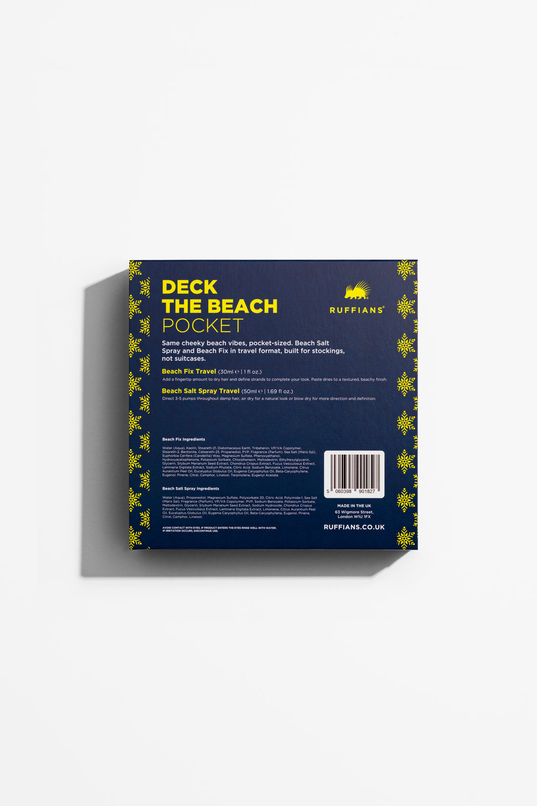 Product packaging with 'Deck the Beach Pocket' text on a blue background