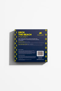 Product packaging with 'Deck the Beach Pocket' text on a blue background