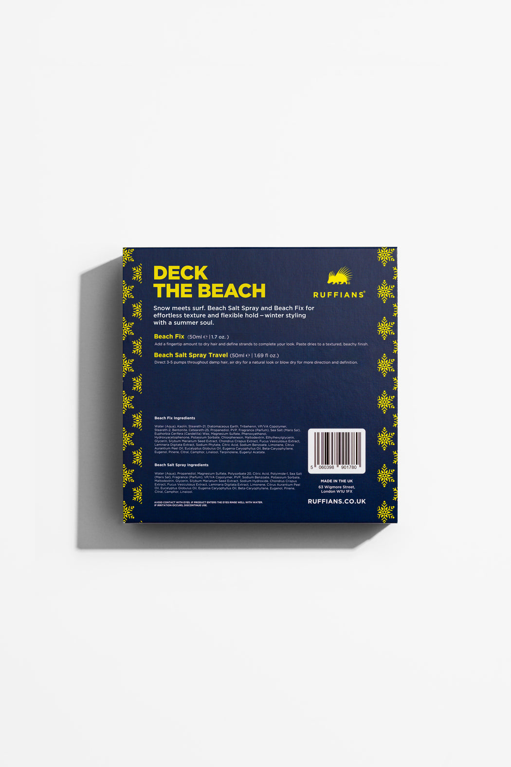 Back of a Duffano product packaging with 'Deck the Beach' text on a blue background.