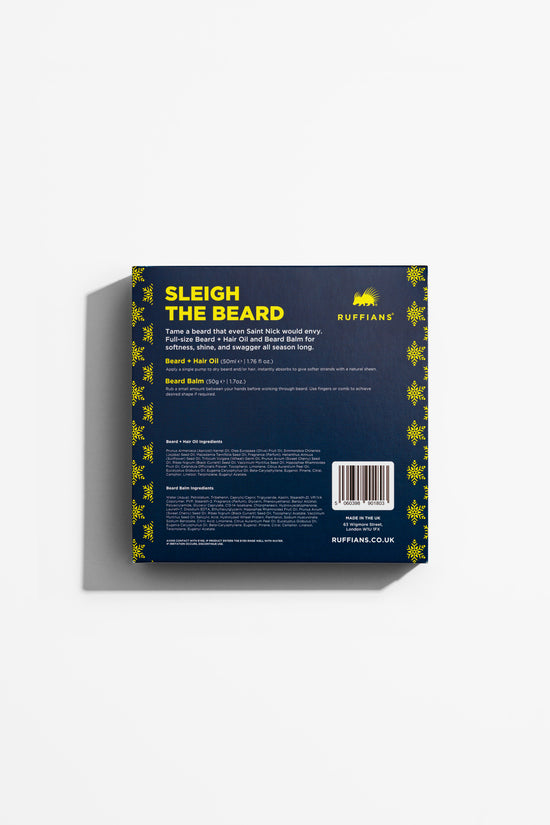 Product packaging with 'Sleigh the Beard' branding on a white background