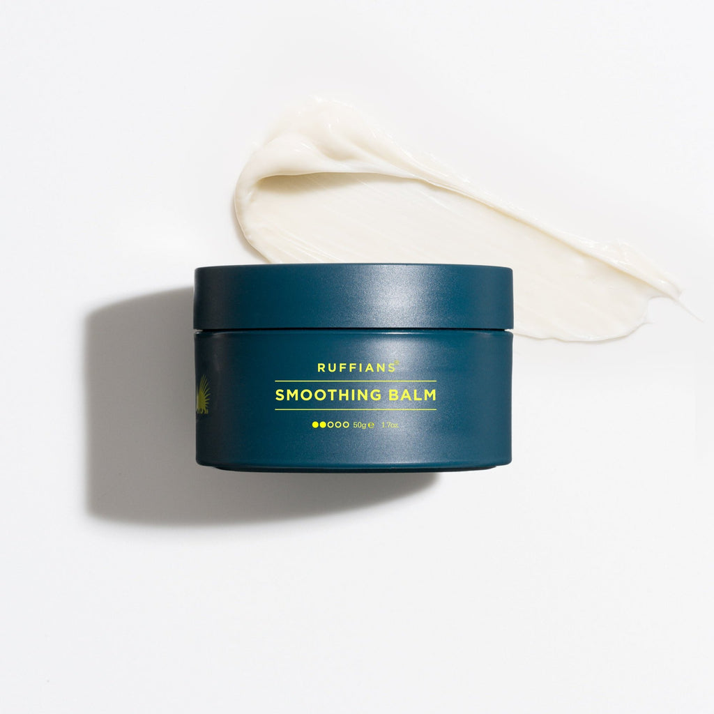 Ruffians smoothing balm pot on a texture sample